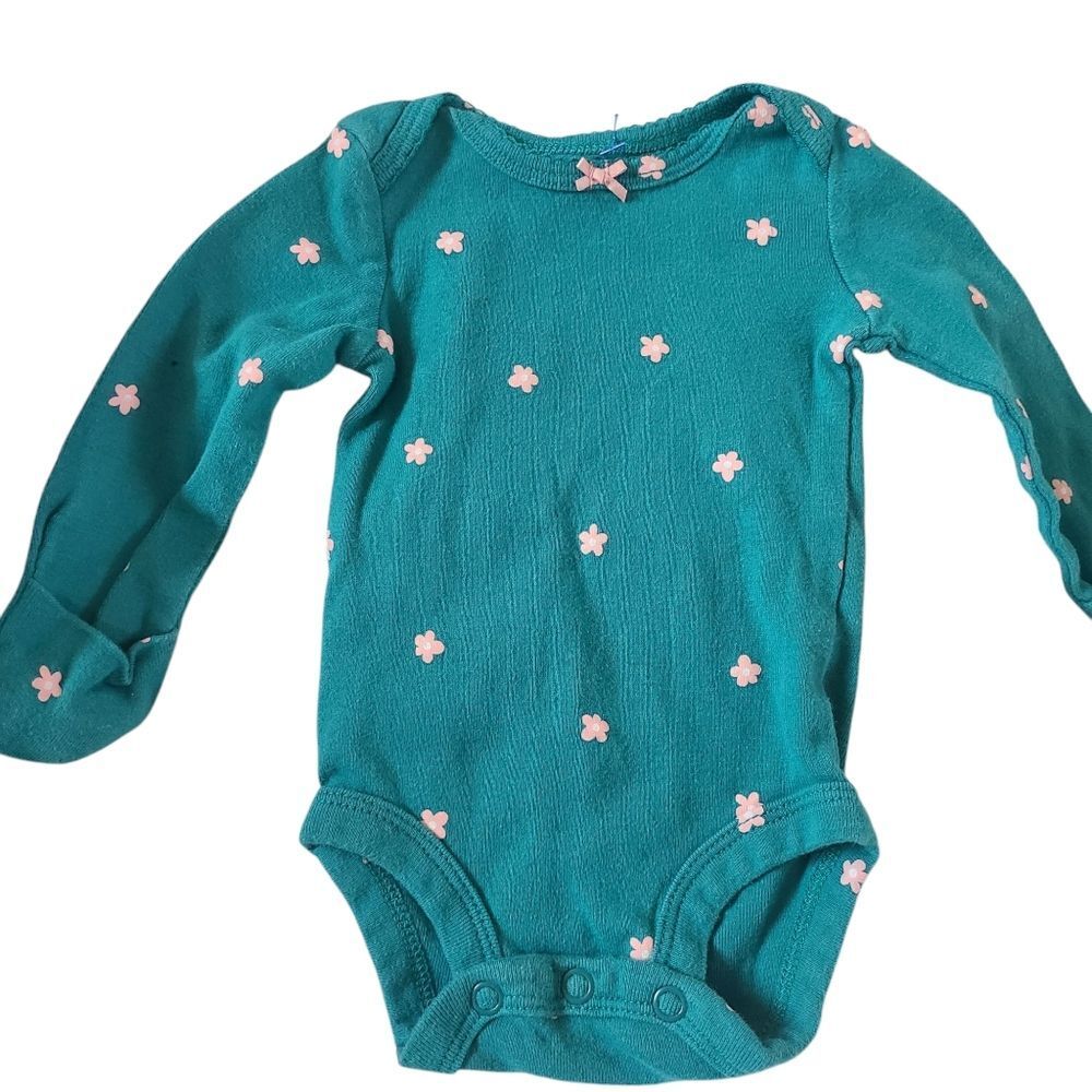 Carter's Onesie Long-Sleeved Teal Pink Hearts And Bow Sz Newborn New